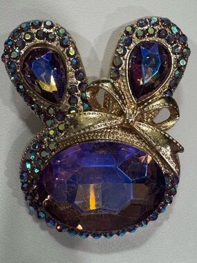 Purple Crystal Bunny Brooch with Gold Bow